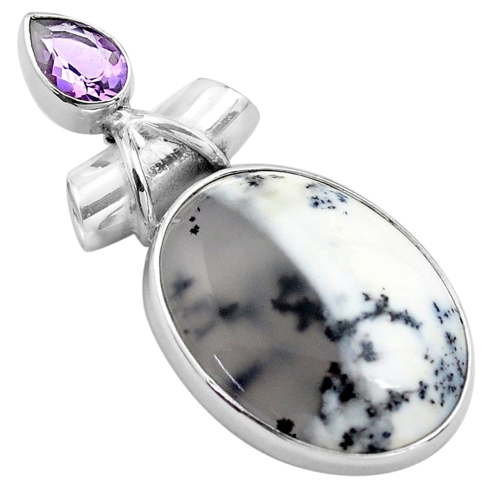 925 silver 18.70cts natural white dendrite opal amethyst pear pendant p85440