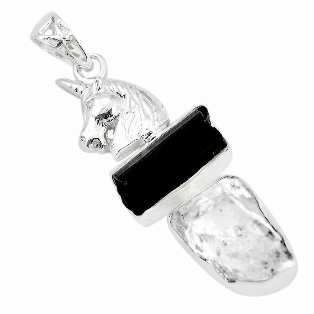 925 silver natural white herkimer diamond tourmaline rough horse pendant p35400