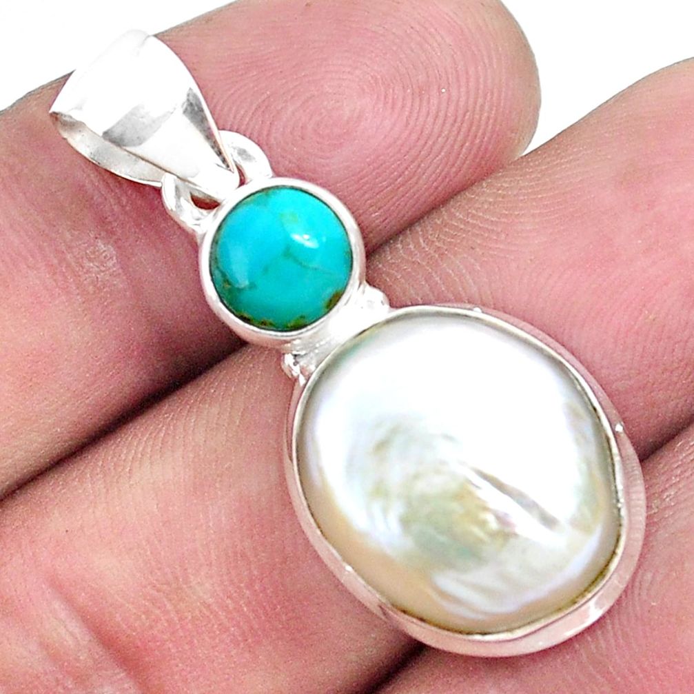 925 silver 13.85cts natural white pearl arizona mohave turquoise pendant p49577