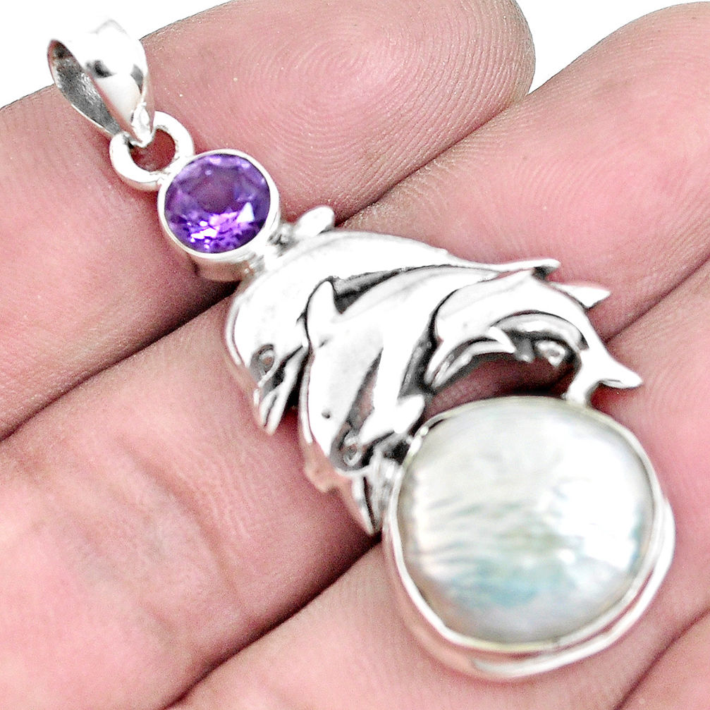925 silver 10.77cts natural white pearl purple amethyst dolphin pendant p42049