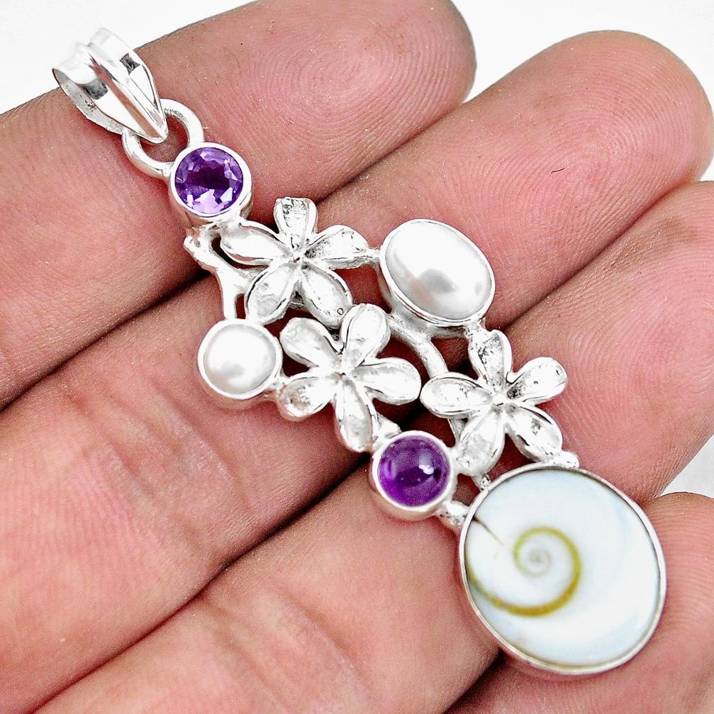 925 silver 17.81cts natural white shiva eye amethyst pearl flower pendant d31007