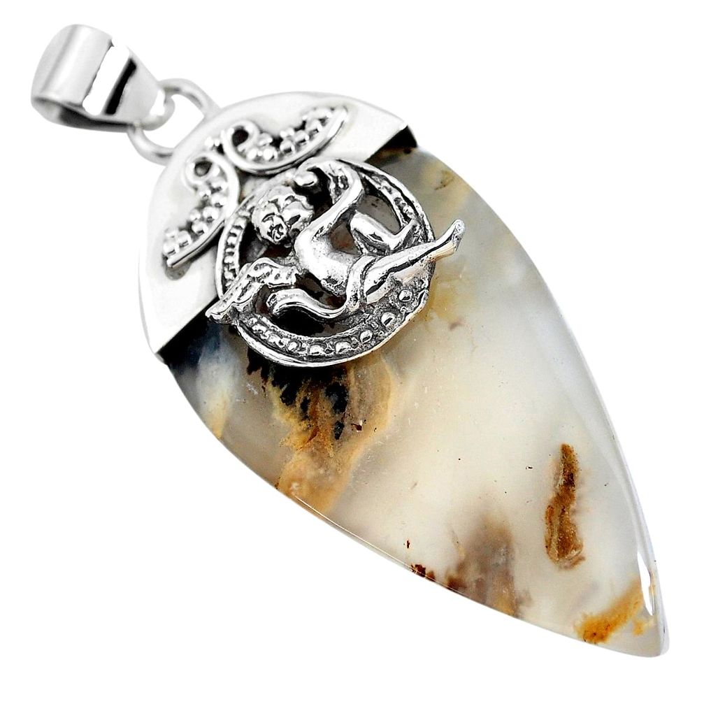 925 silver 30.59cts natural yellow plume agate cupid angel wings pendant p45383