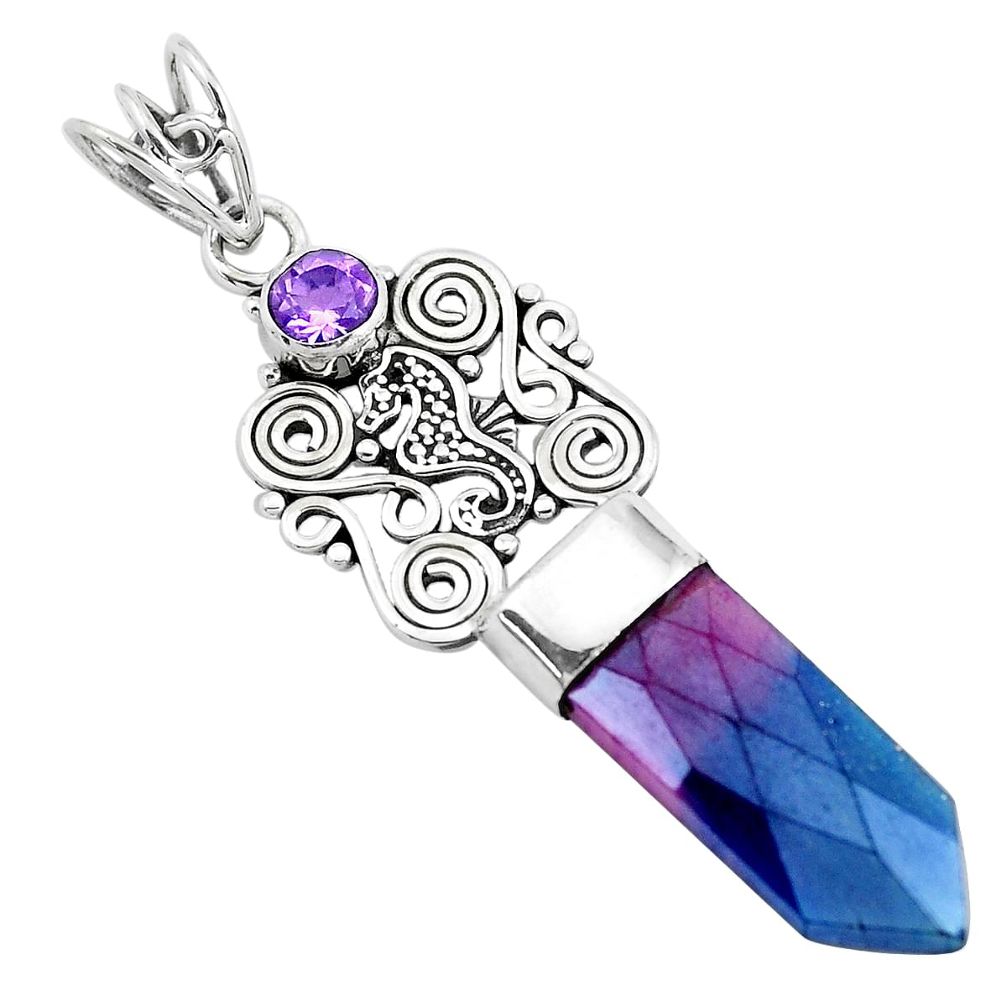 925 silver titanium aura quartz (arkansas) amethyst seahorse pendant p40376