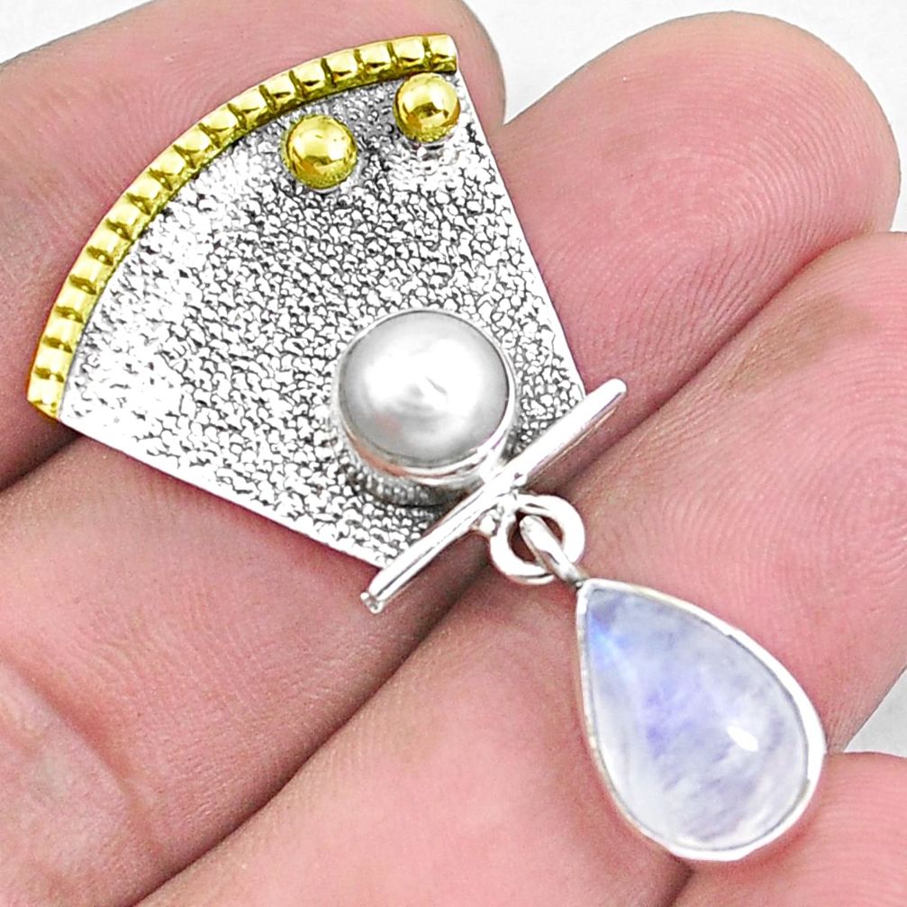 925 silver 5.75cts victorian natural rainbow moonstone two tone pendant p37680