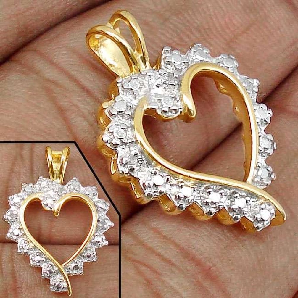 925 STERLING 0.03cts NATURAL WHITE DIAMOND SILVER 14K GOLD HEART PENDANT H19862