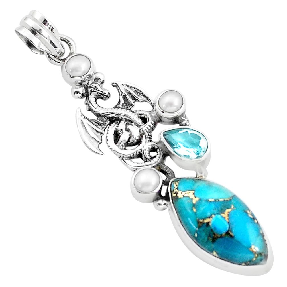 925 sterling silver 16.46cts blue copper turquoise topaz dragon pendant p37633