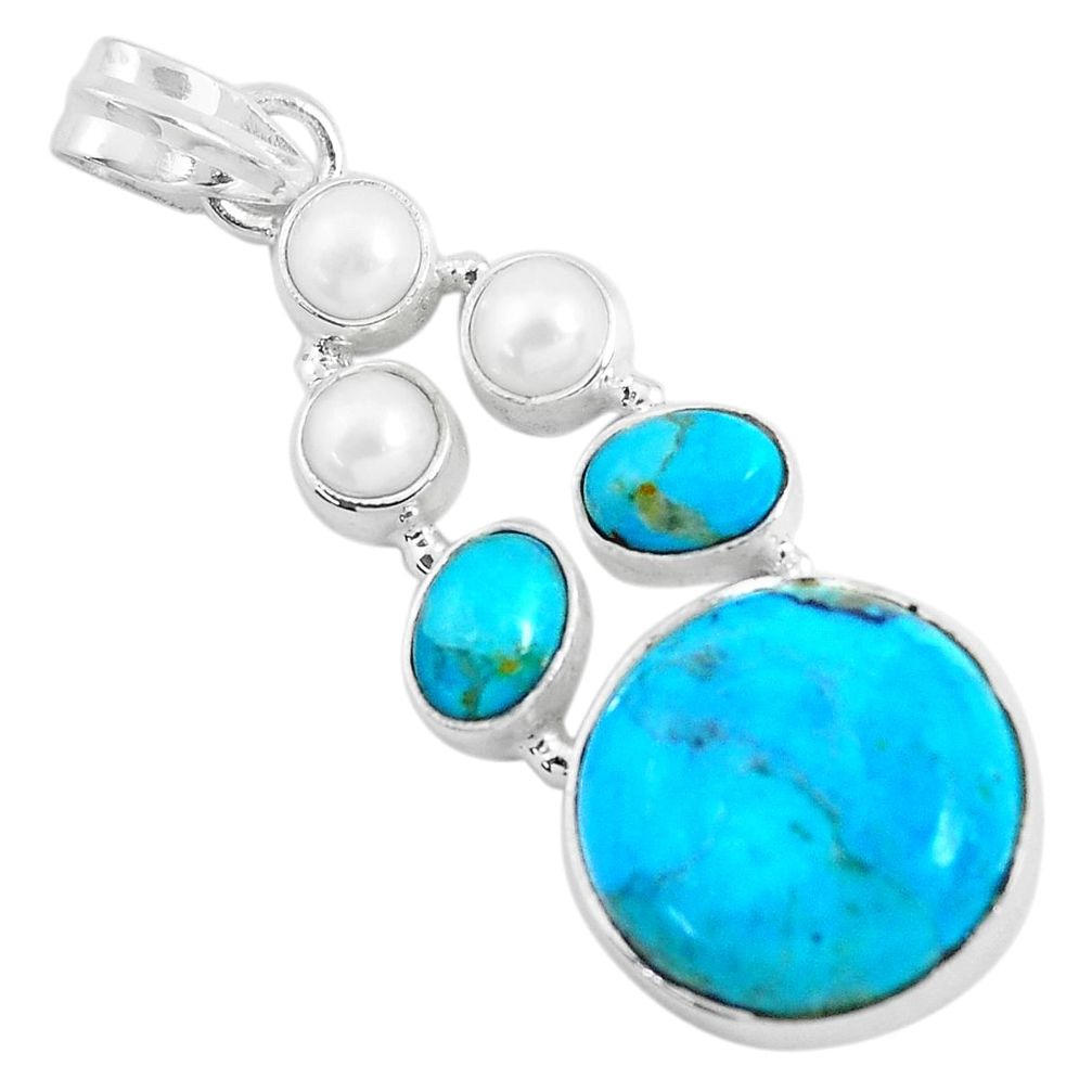925 sterling silver 17.42cts blue sleeping beauty turquoise pearl pendant d30964