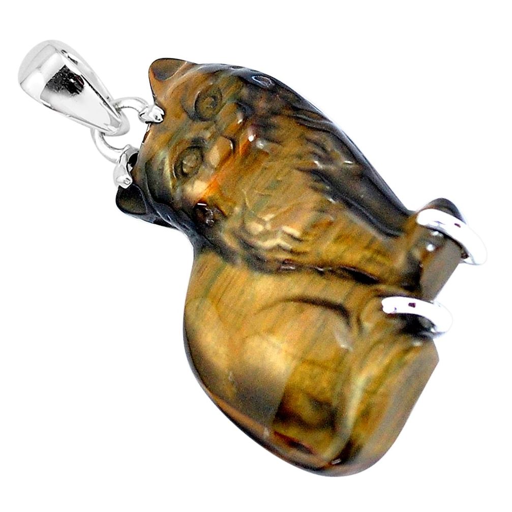 925 sterling silver carving natural brown tiger's eye cat pendant p47087