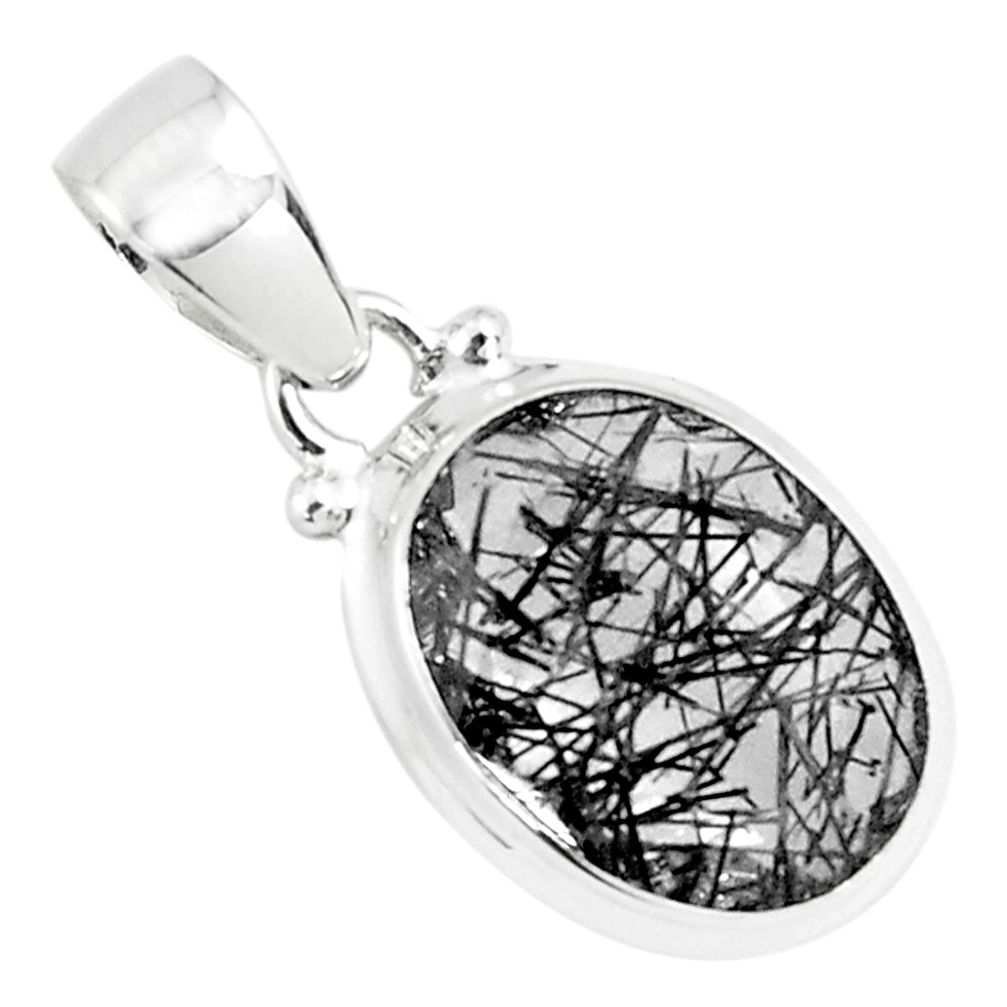 925 sterling silver 9.86cts faceted black tourmaline rutile oval pendant p76611