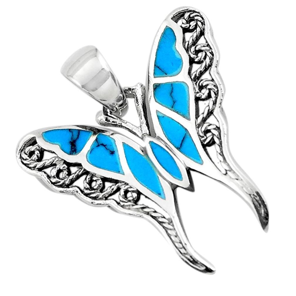 925 sterling silver 3.48gms fine blue turquoise enamel butterfly pendant c2576