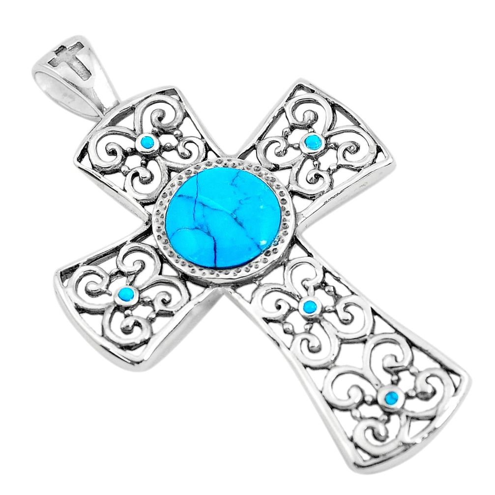 925 sterling silver 5.18cts fine blue turquoise holy cross pendant jewelry c4806