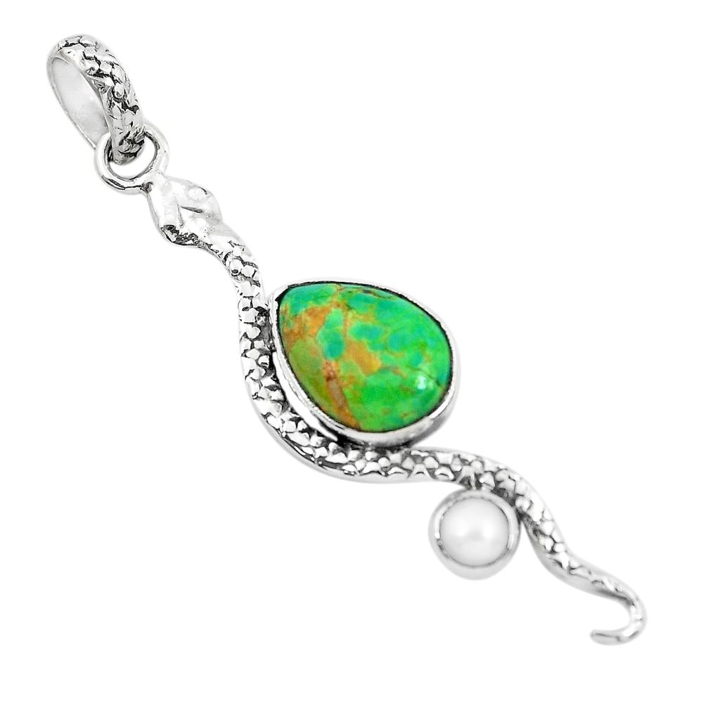 925 sterling silver 5.96cts green copper turquoise pearl snake pendant p49152