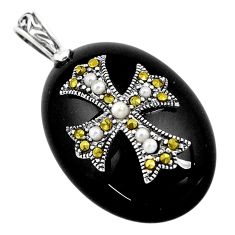 925 sterling silver 17.66cts natural black onyx marcasite pearl pendant c3129
