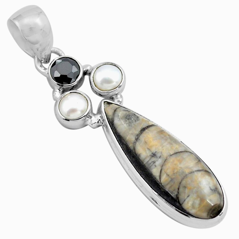 925 sterling silver 14.14cts natural black orthoceras onyx pearl pendant p86519