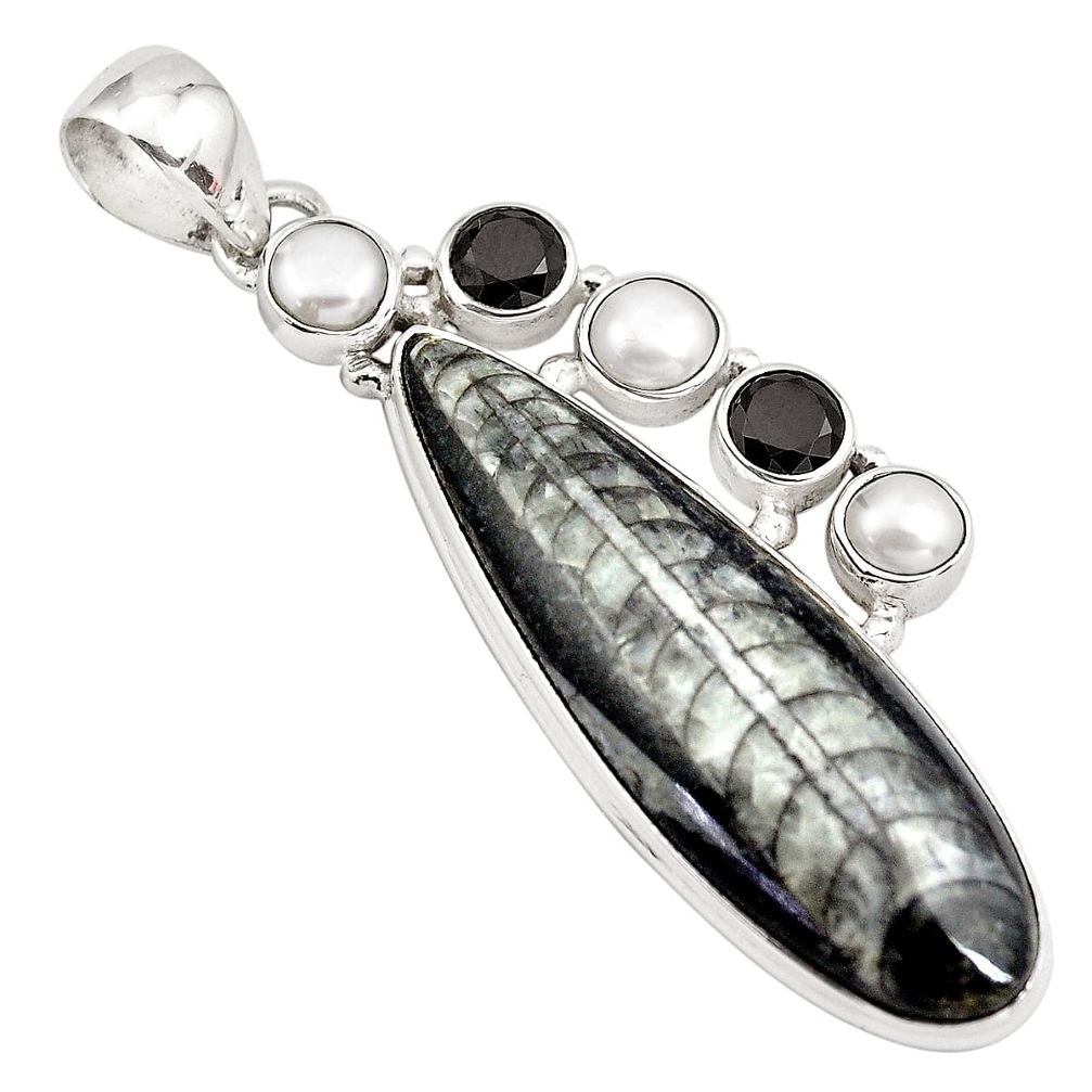 925 sterling silver 22.75cts natural black orthoceras onyx pearl pendant p86851