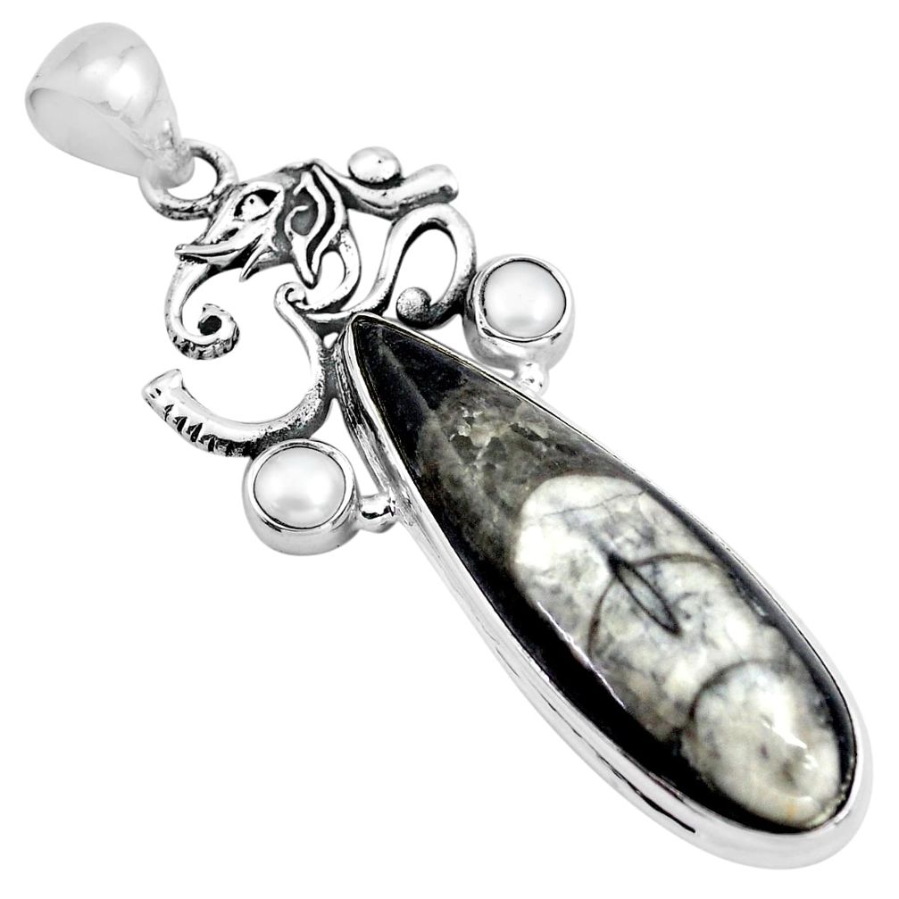 925 sterling silver 29.28cts natural black orthoceras white pearl pendant p86549