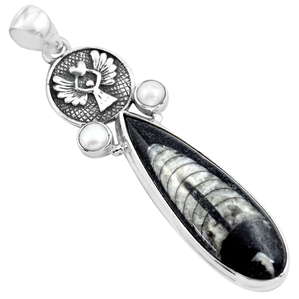 925 sterling silver 27.79cts natural black orthoceras white pearl pendant p86552