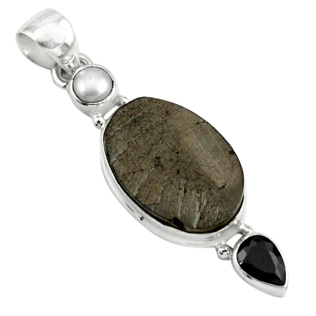 925 sterling silver 13.15cts natural black shungite onyx pearl pendant p79404