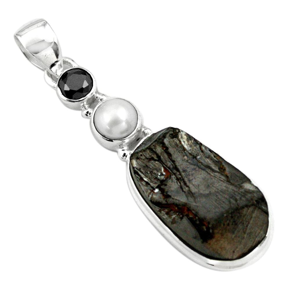 925 sterling silver 11.66cts natural black shungite onyx pearl pendant p79420