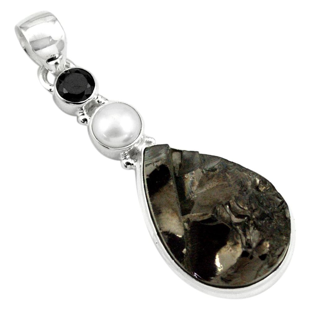 925 sterling silver 14.47cts natural black shungite onyx pearl pendant p79424