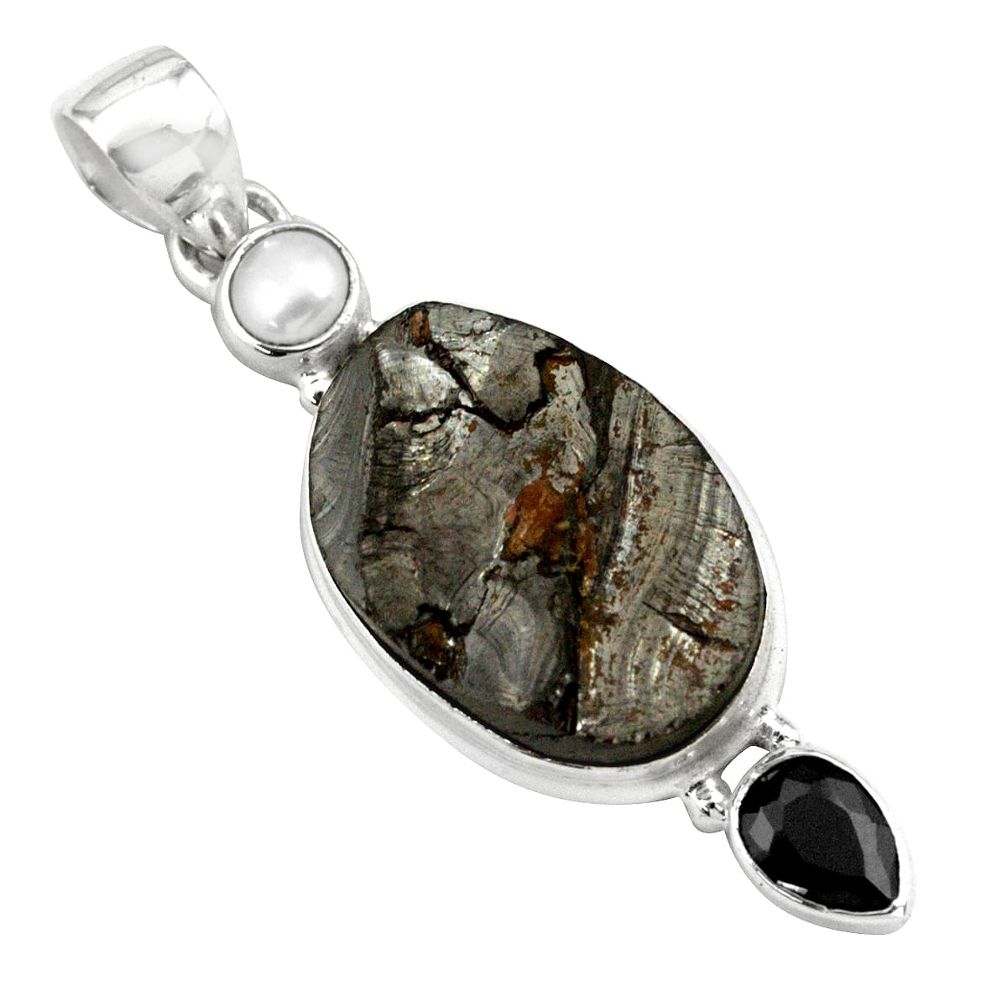 925 sterling silver 14.14cts natural black shungite onyx pearl pendant p79439