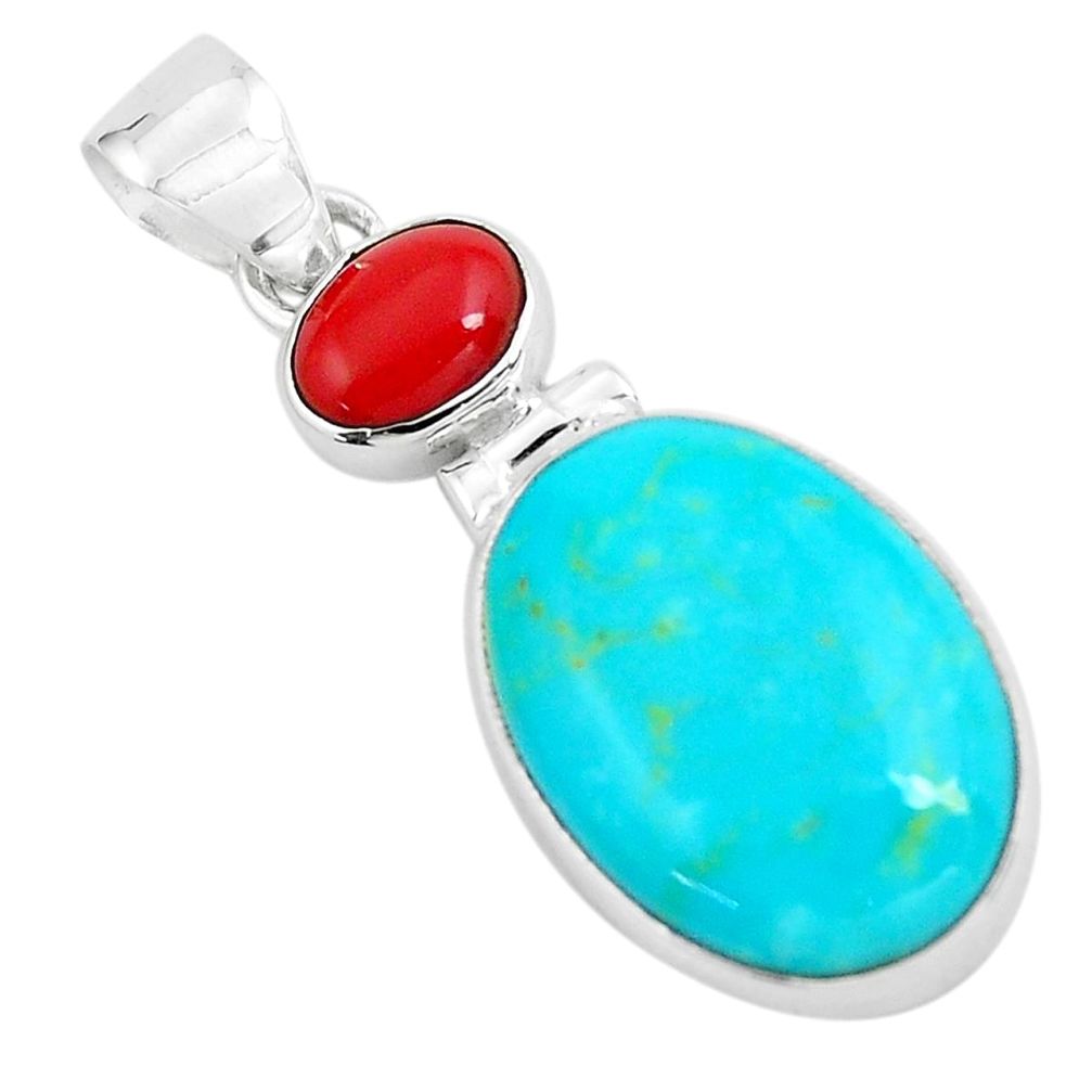 925 sterling silver 12.22cts natural blue kingman turquoise coral pendant p65284