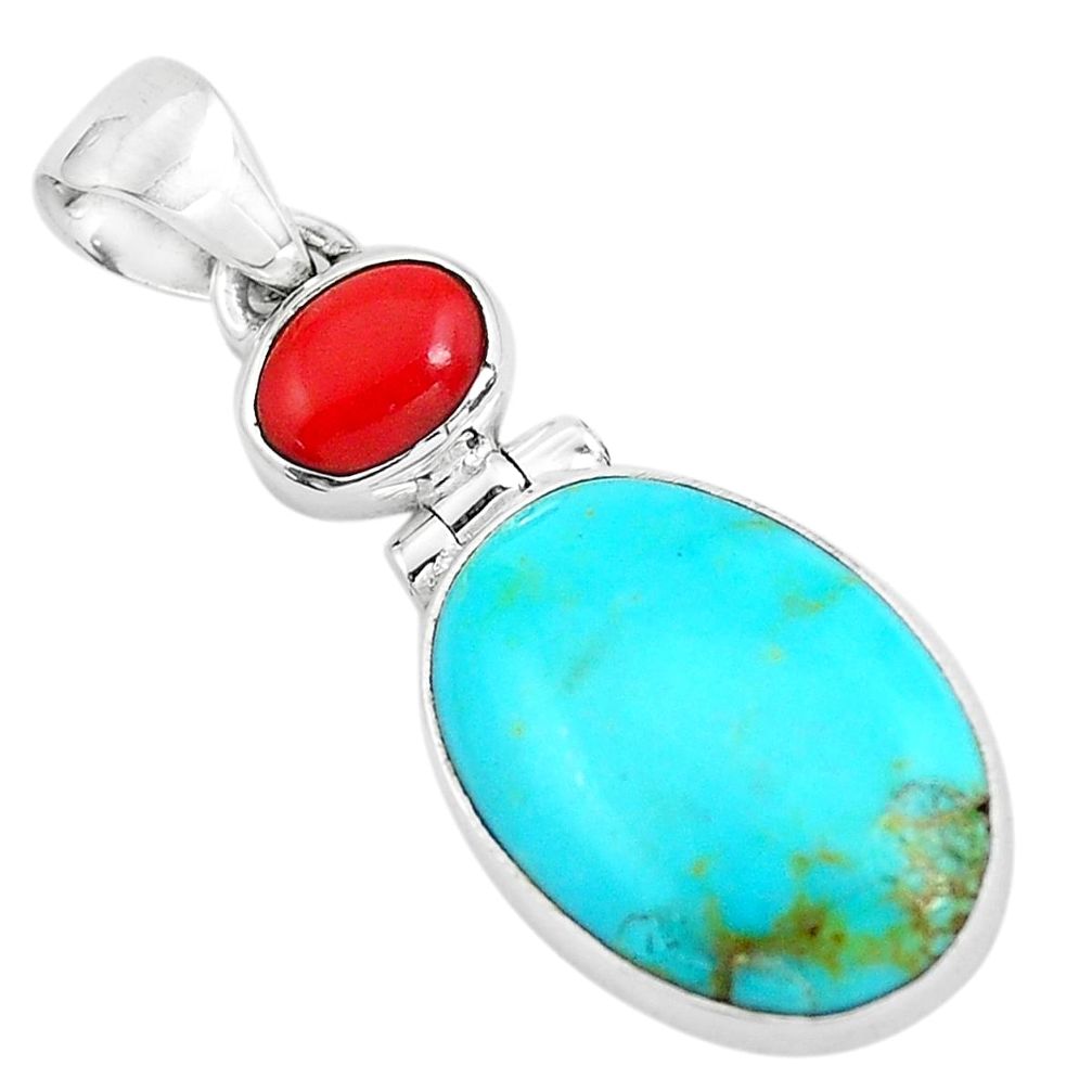 925 sterling silver 10.65cts natural blue kingman turquoise coral pendant p65294