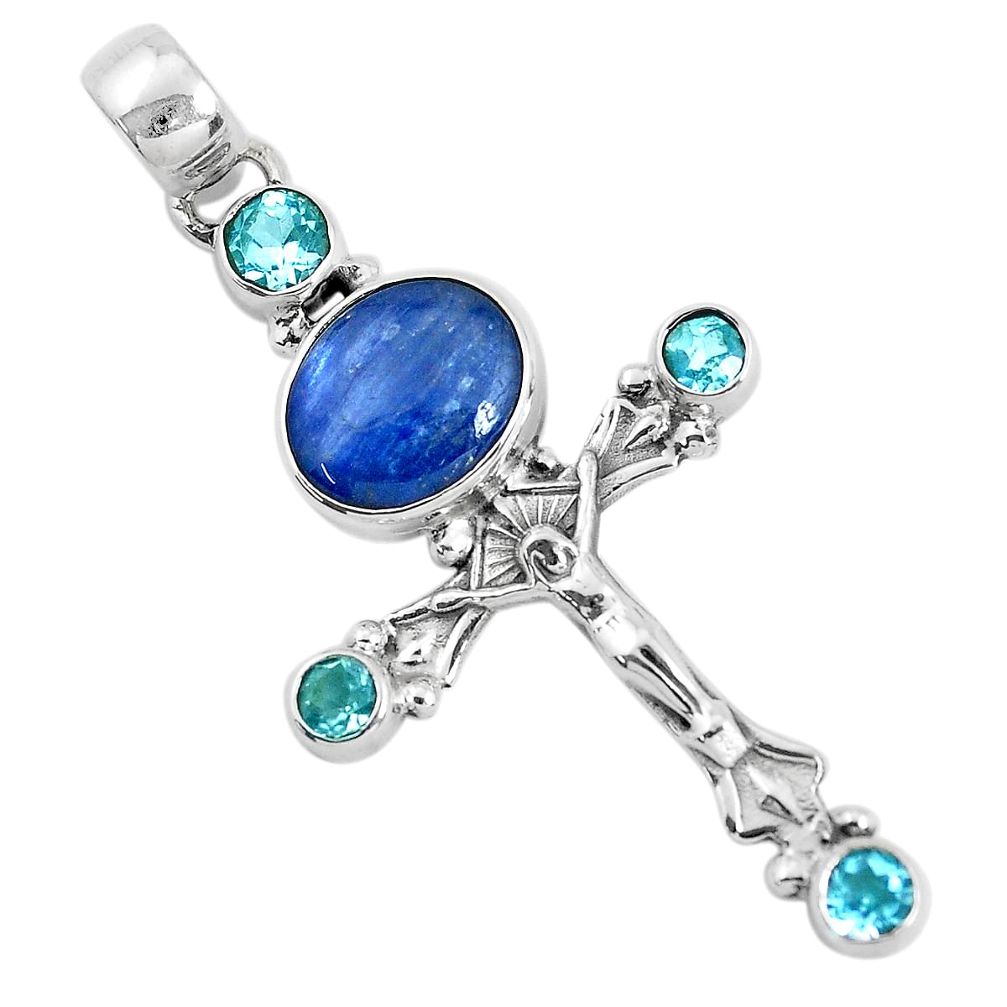 925 sterling silver 7.40cts natural blue kyanite topaz holy cross pendant d31089