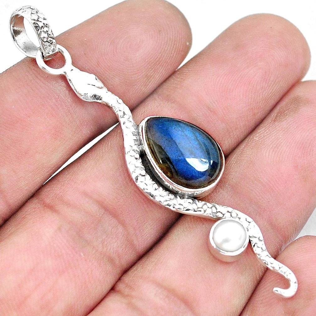 925 sterling silver 6.57cts natural blue labradorite pearl snake pendant p49155