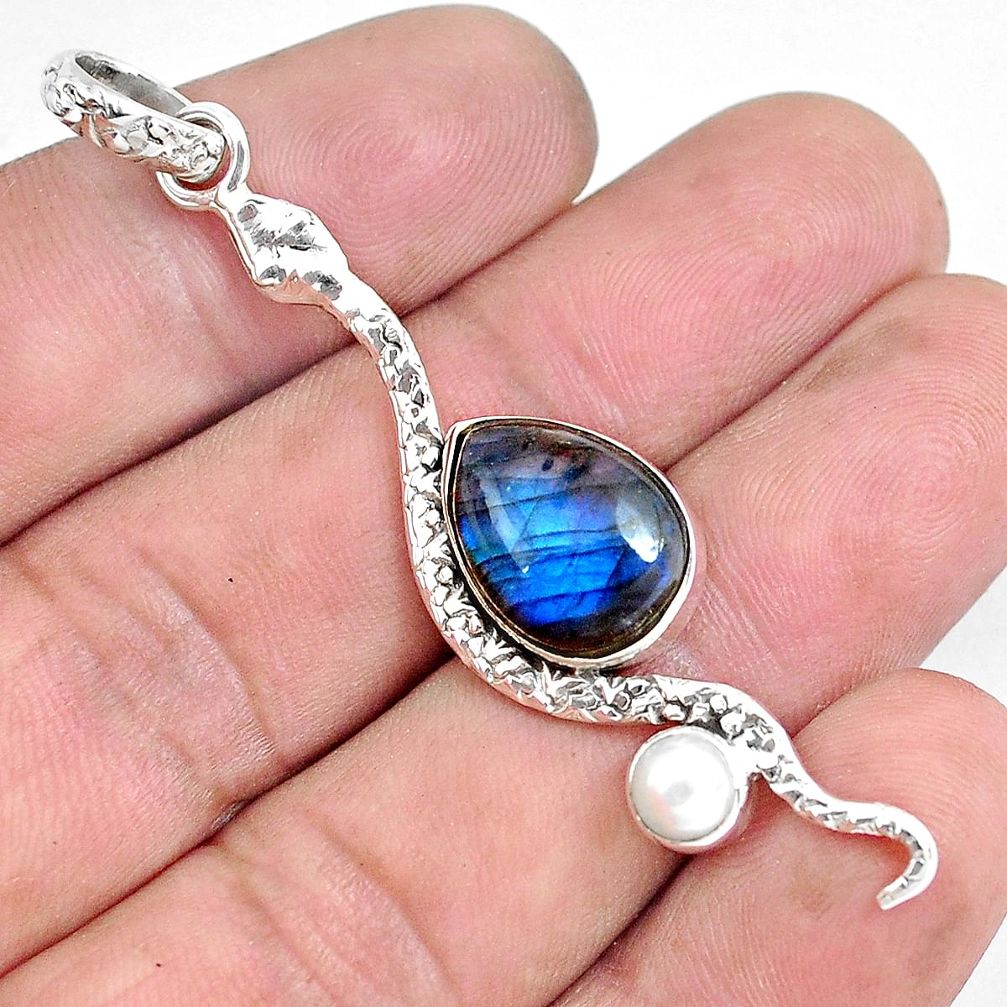 925 sterling silver 6.84cts natural blue labradorite pearl snake pendant p49299