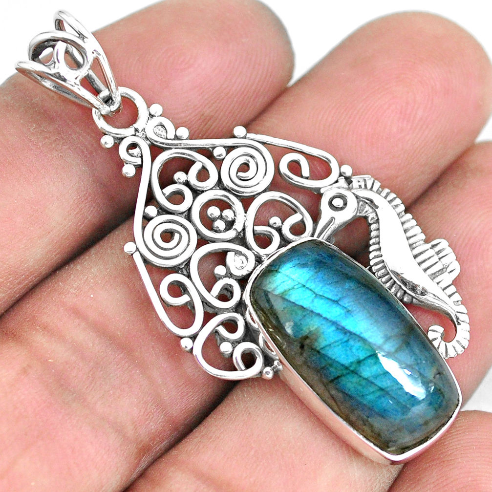 925 sterling silver 10.16cts natural blue labradorite seahorse pendant p59760