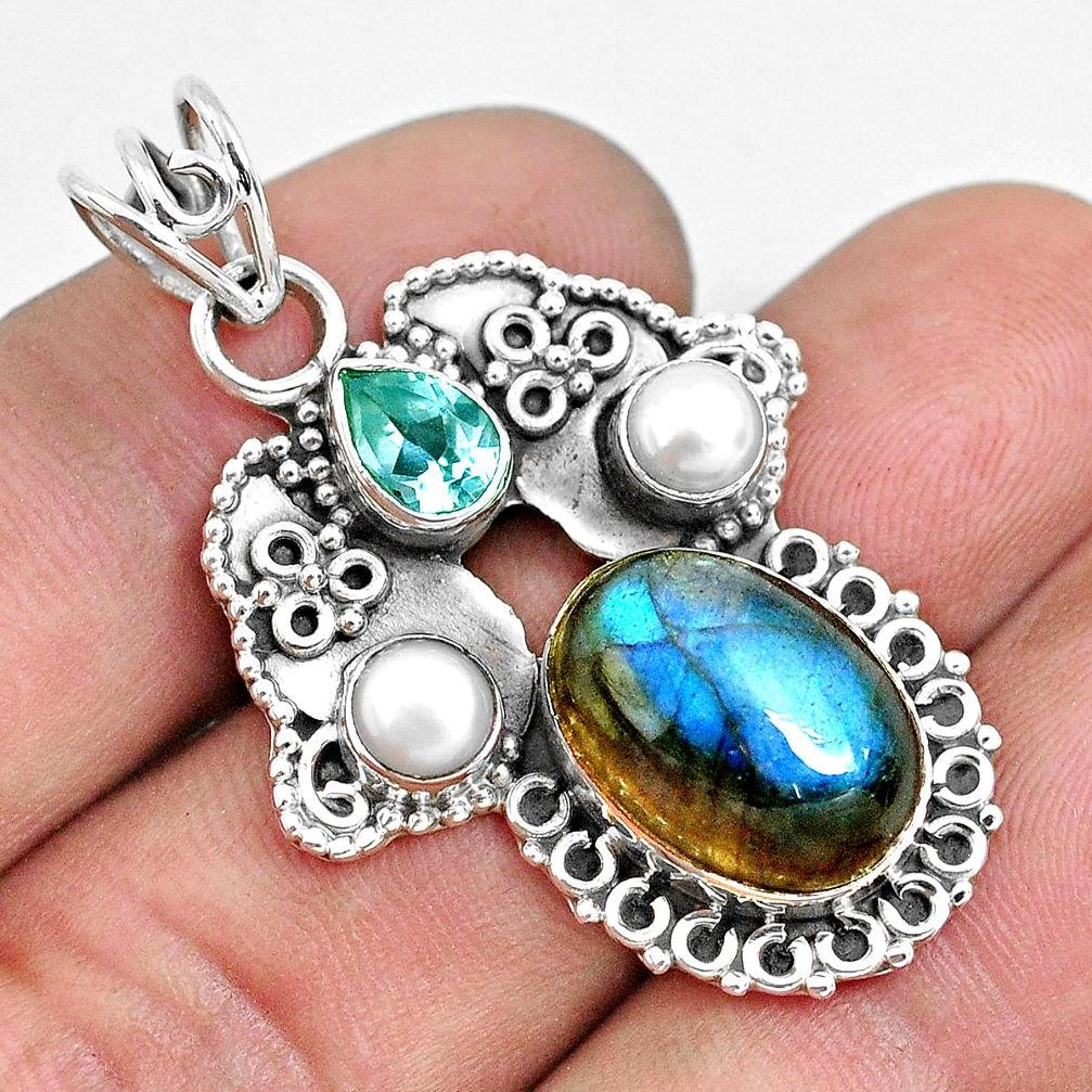 925 sterling silver 10.44cts natural blue labradorite topaz pearl pendant d31157