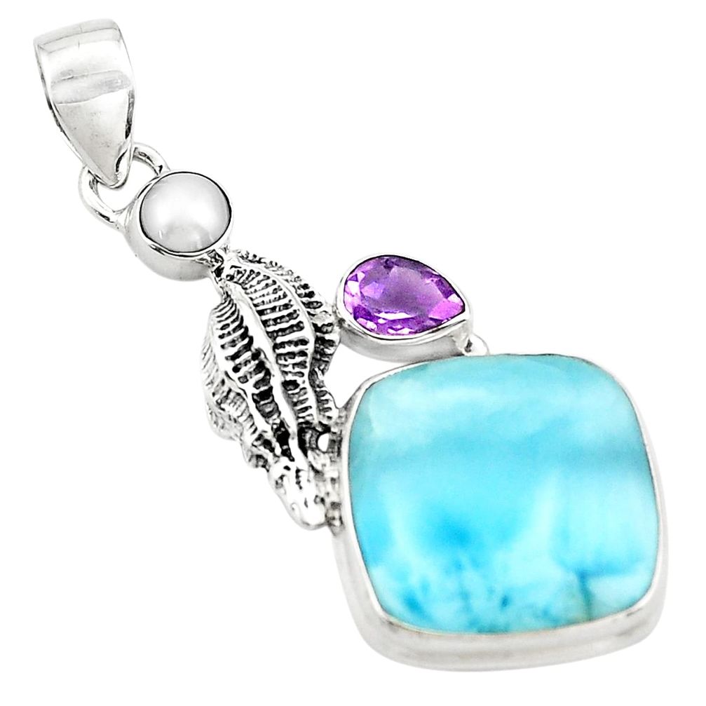 925 sterling silver 17.69cts natural blue larimar amethyst pearl pendant p80384