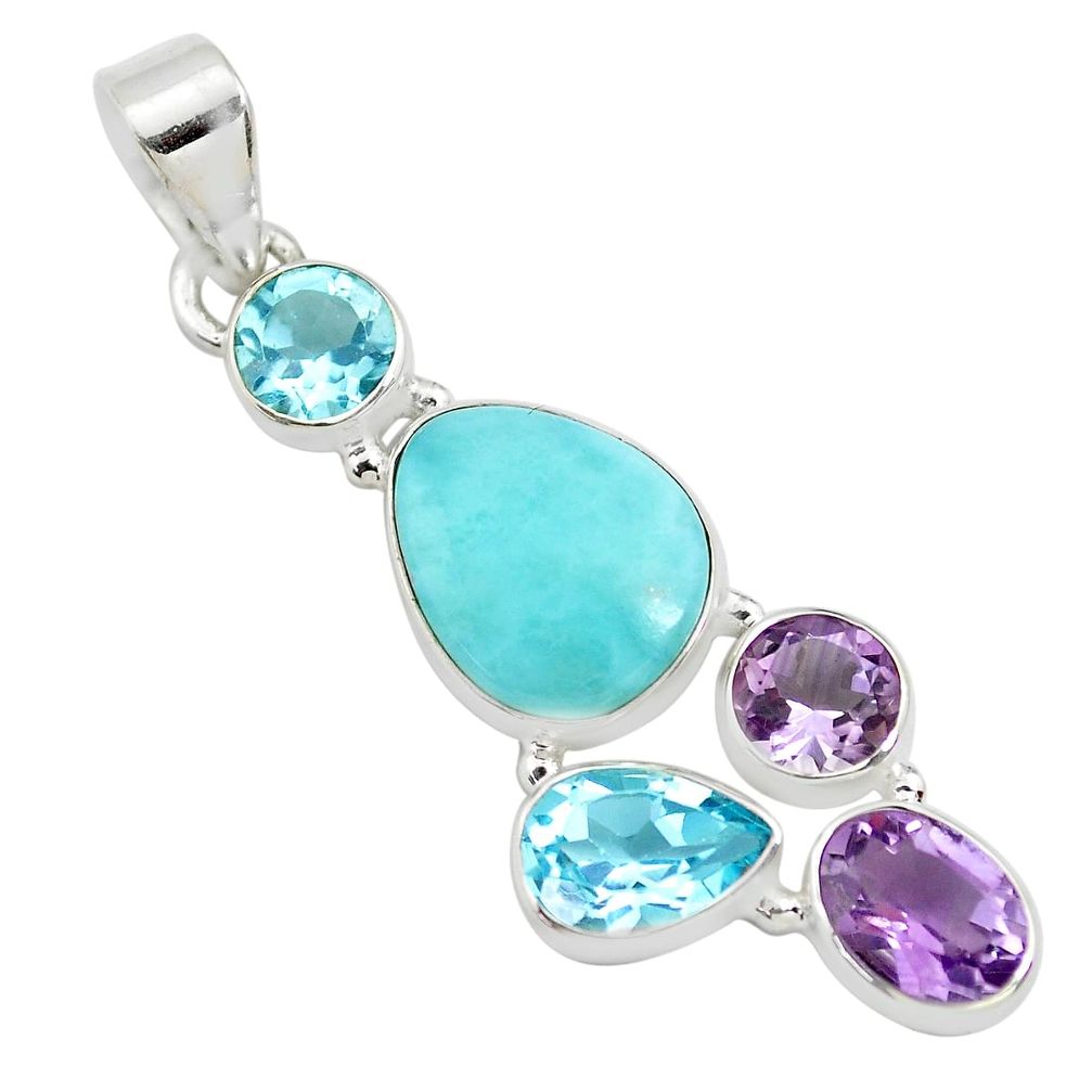 925 sterling silver 10.78cts natural blue larimar amethyst topaz pendant p71289