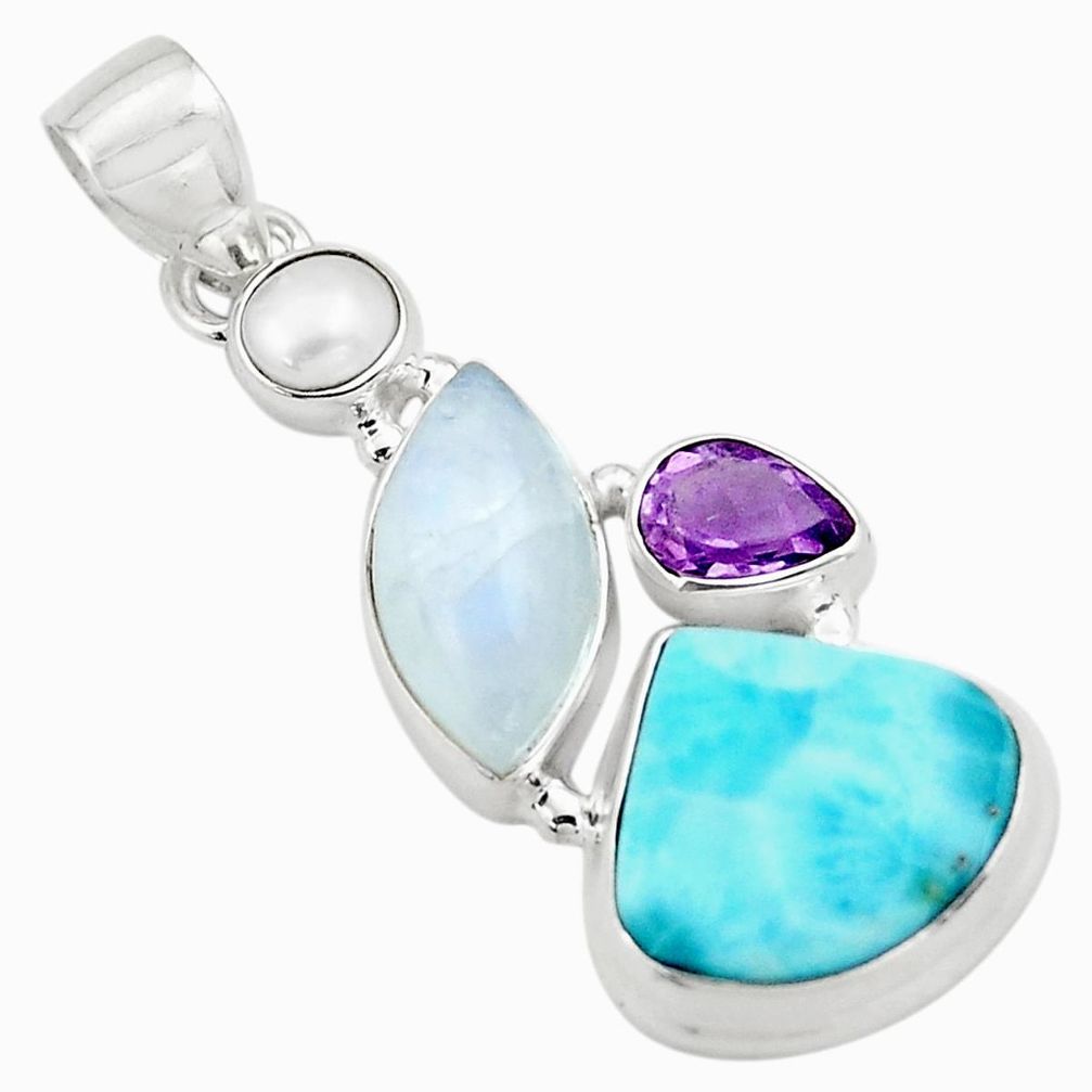 925 sterling silver 16.17cts natural blue larimar moonstone pearl pendant p80428