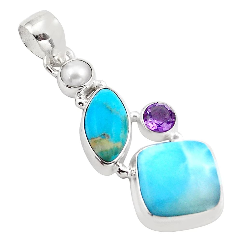 925 sterling silver 16.54cts natural blue larimar pearl amethyst pendant p88962