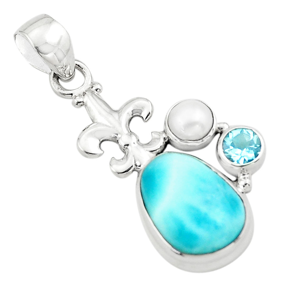 925 sterling silver 7.84cts natural blue larimar topaz pearl pendant p80434
