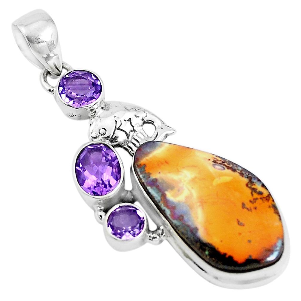 925 sterling silver 24.62cts natural brown boulder opal amethyst pendant p43272