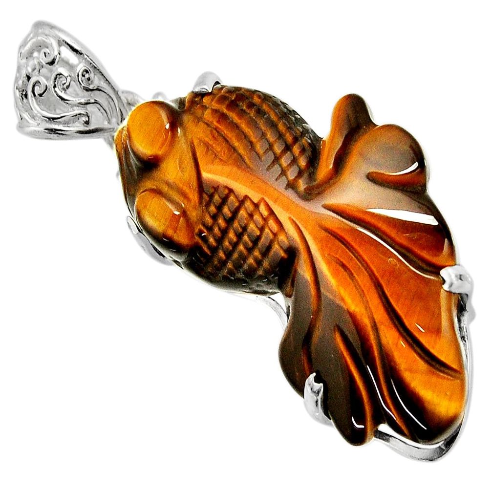 925 sterling silver 34.48cts natural brown tiger's eye fancy fish pendant d32532