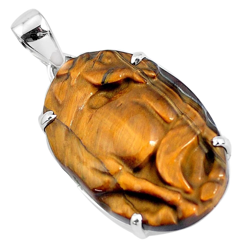 925 sterling silver 25.78cts natural carving tiger's eye horse pendant p47072