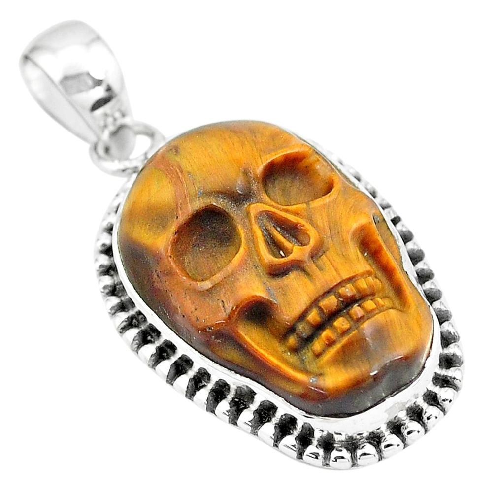 925 sterling silver 16.43cts natural carving tiger's eye skull pendant p77336