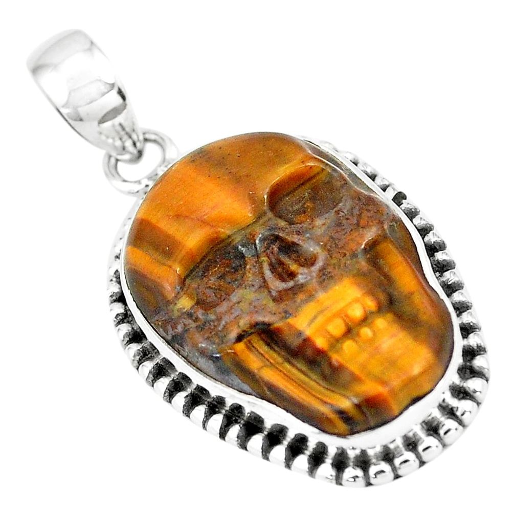 925 sterling silver 15.44cts natural carving tiger's eye skull pendant p77339
