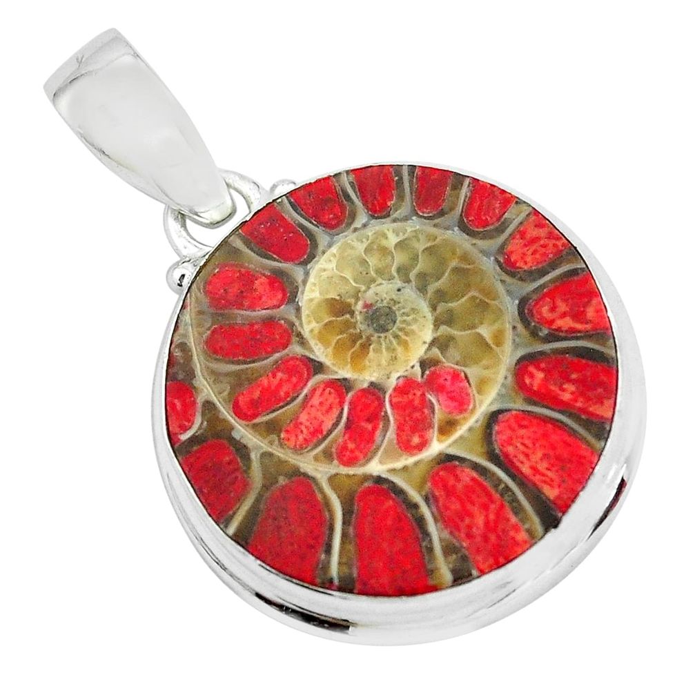 925 sterling silver 25.60cts natural coral in ammonite round pendant p69424