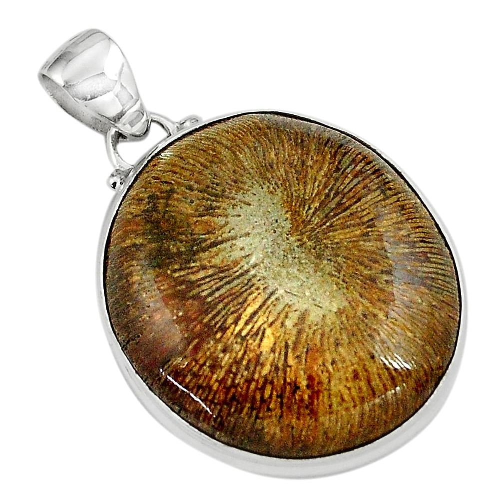 925 sterling silver 22.59cts natural cyclolite coral fossil oval pendant p79615