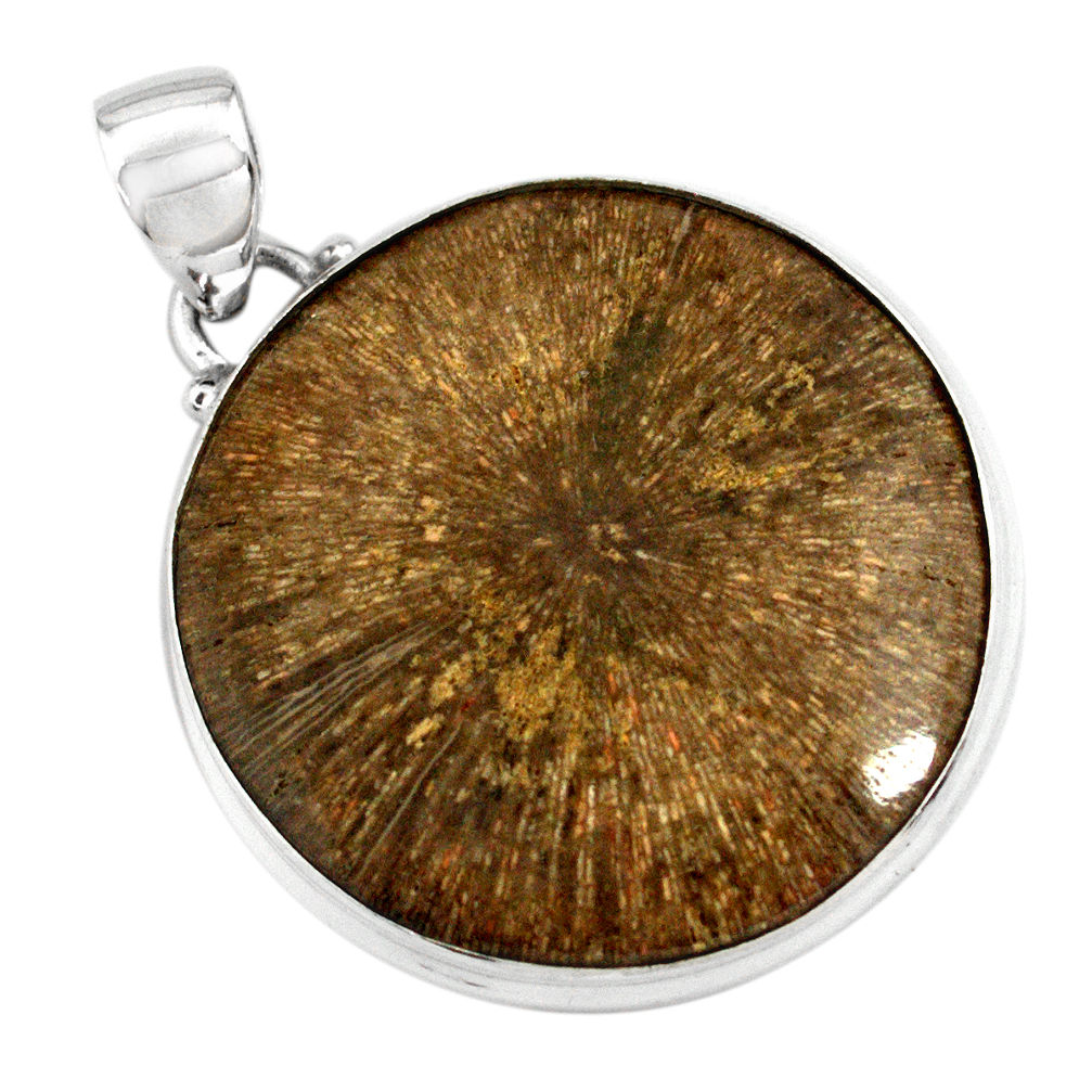 925 sterling silver 29.93cts natural cyclolite coral fossil round pendant p79584