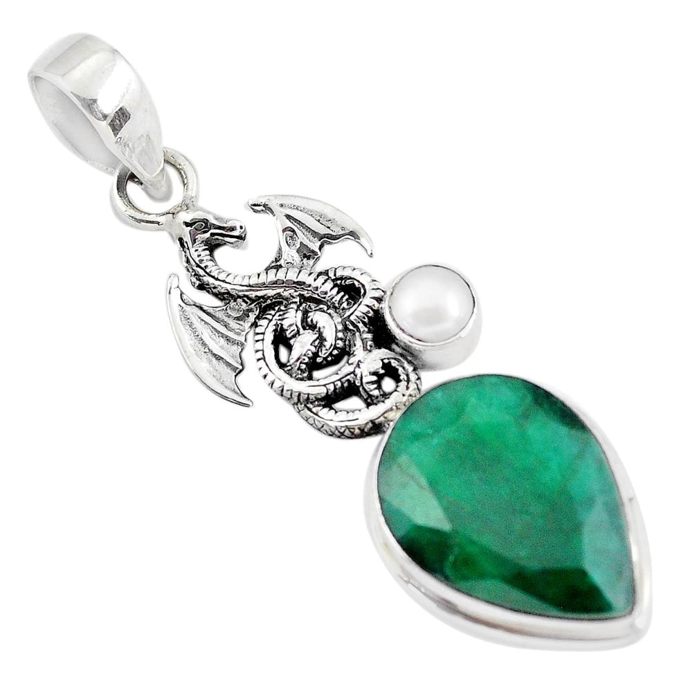 925 sterling silver 14.21cts natural green emerald pearl dragon pendant p56791