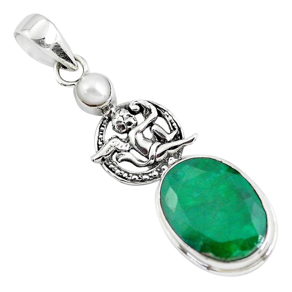 925 sterling silver 13.77cts natural green emerald pearl dragon pendant p56799