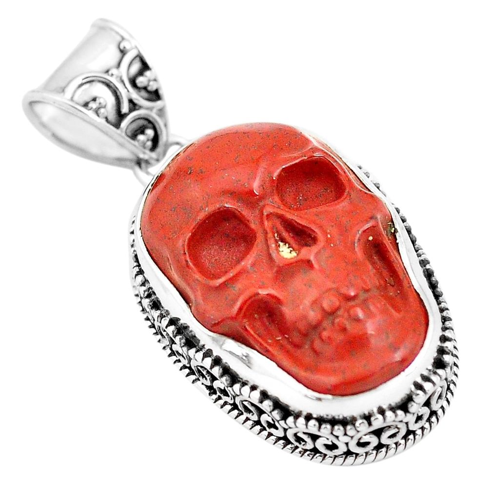 925 sterling silver 16.81cts natural jasper red skull pendant carving p77309