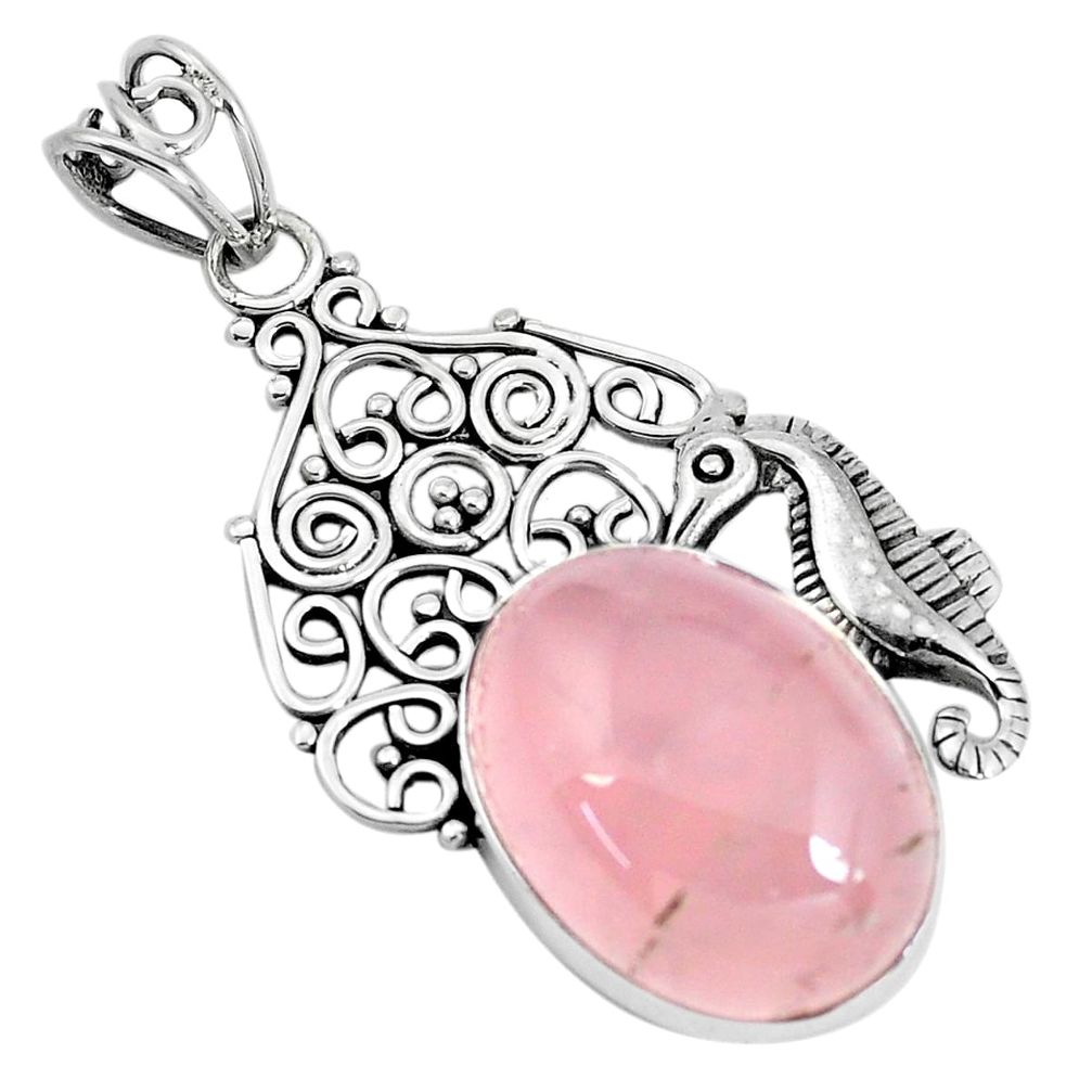 925 sterling silver 13.22cts natural pink rose quartz seahorse pendant p59704