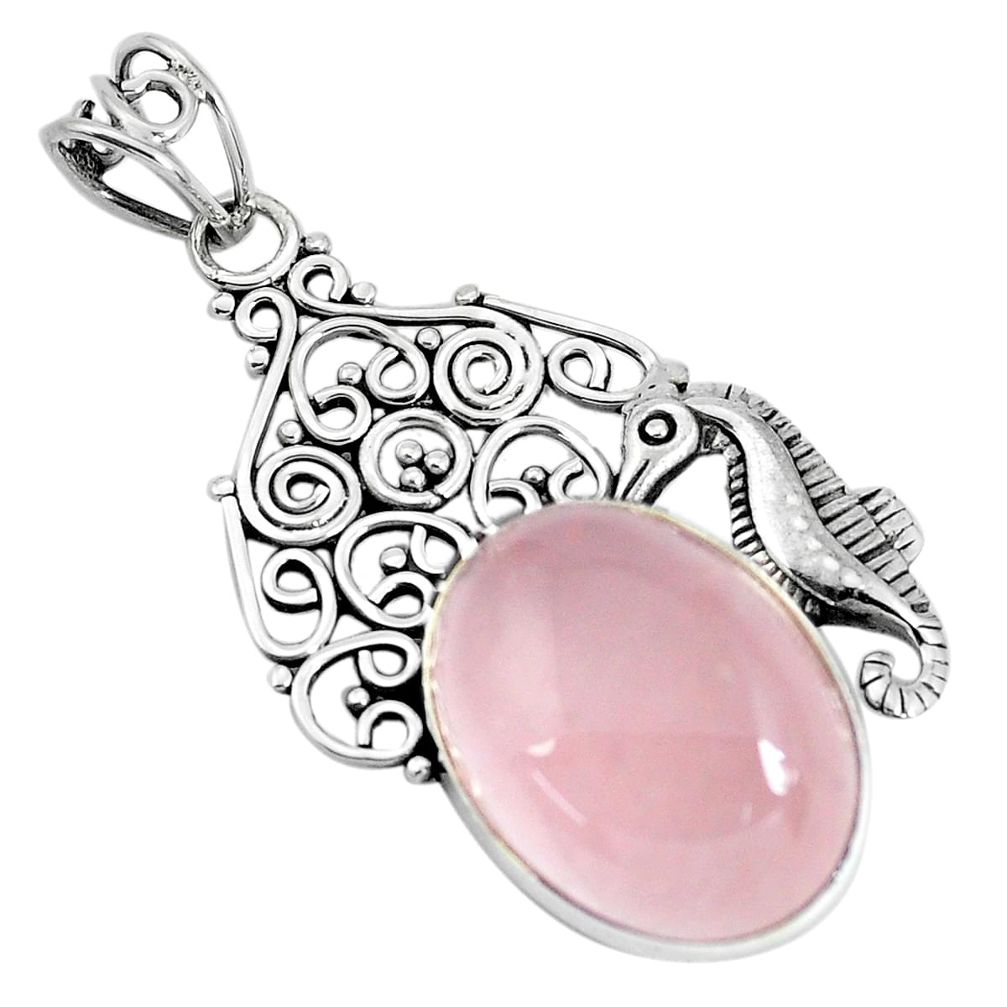 925 sterling silver 14.04cts natural pink rose quartz seahorse pendant p59787